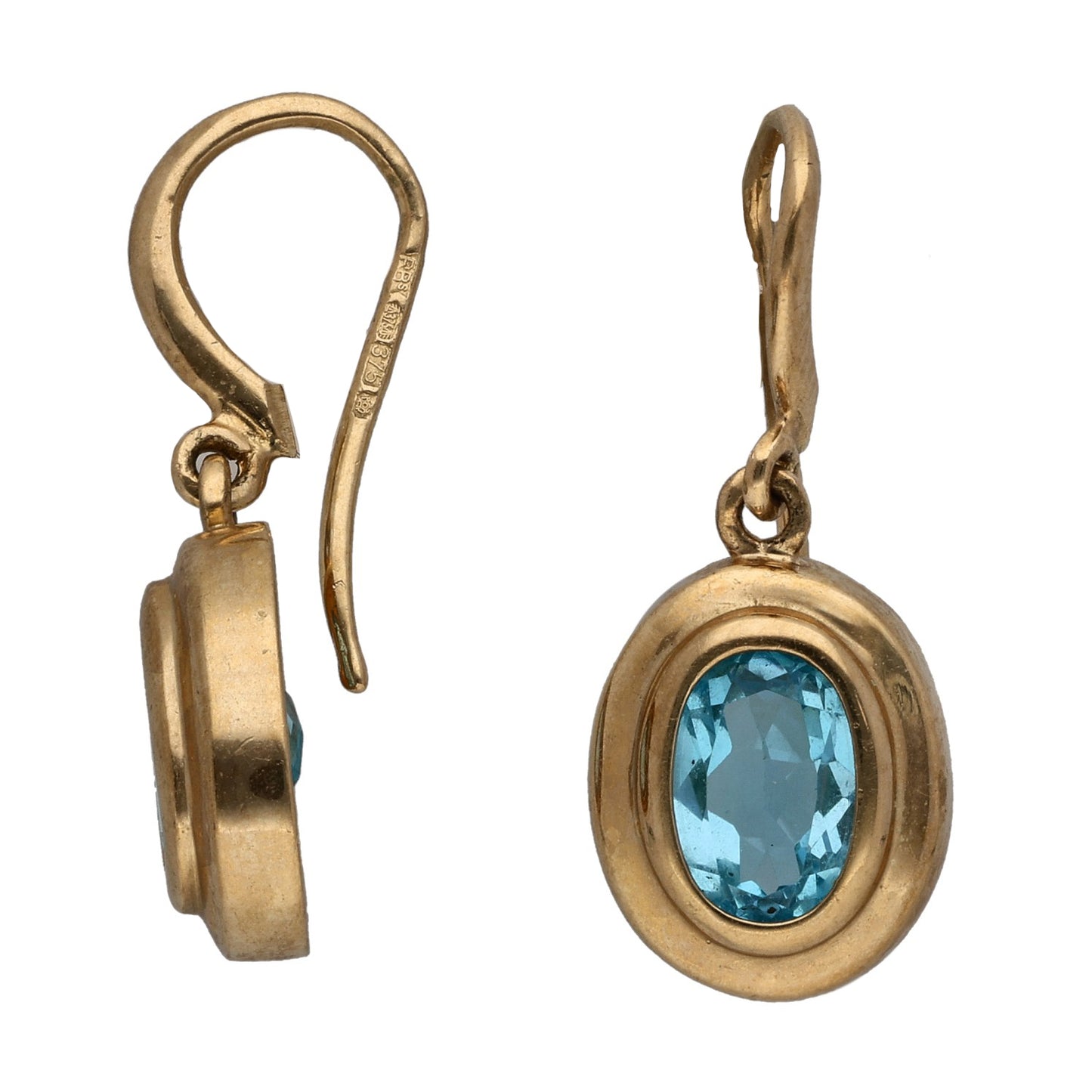 Gold drop earrings with blue oval topaz in a bezel, lever-back style