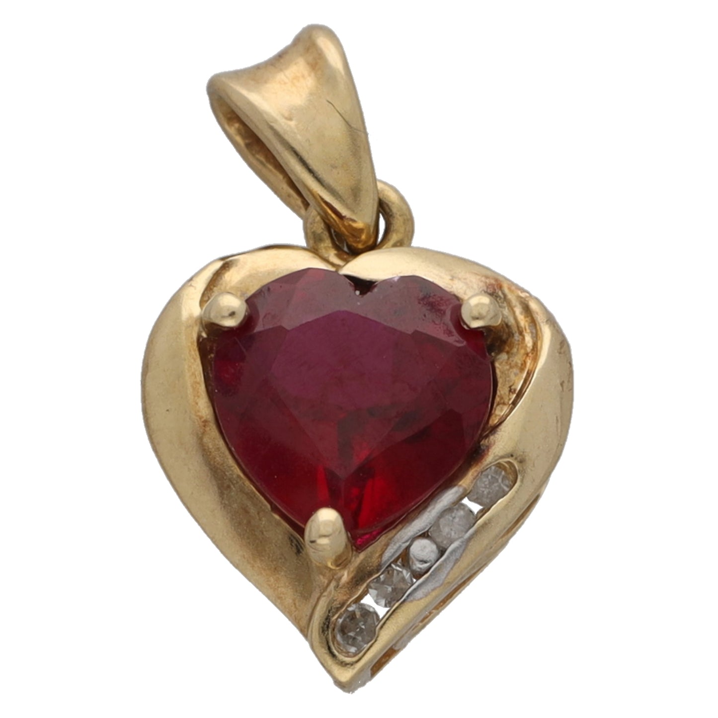9ct Gold Man Made Ruby & 0.02ct Diamond Heart Pendant