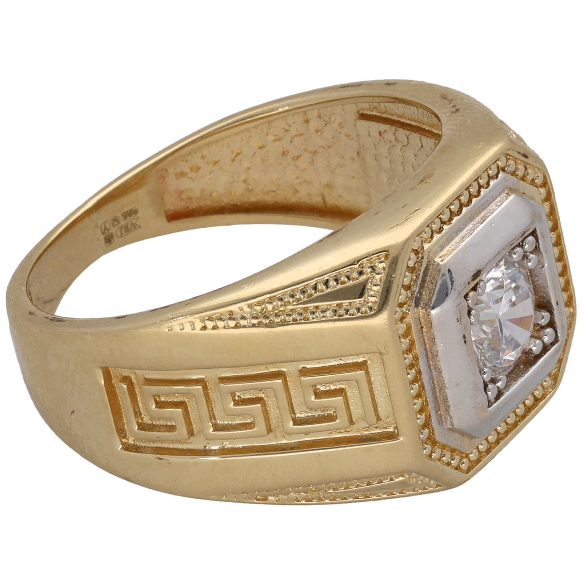 Gold-tone ring with square CZ bezel and Greek key side engraving, prong-set center stone