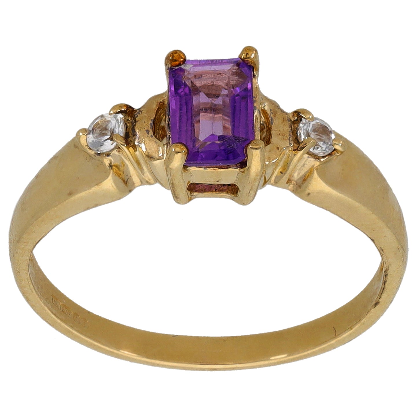9ct Gold Amethyst & Imitation Gems Three Stone Ring Size N