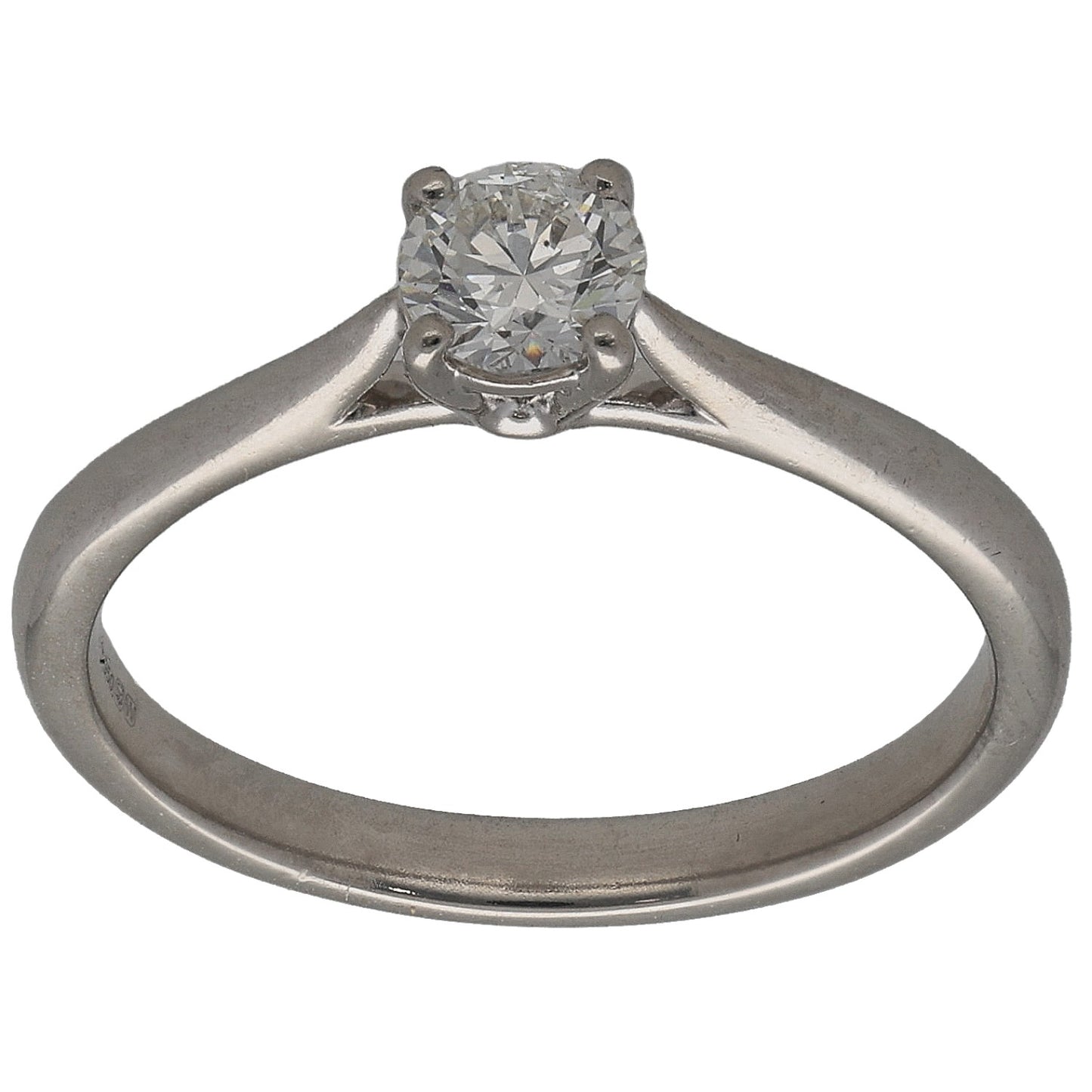 Platinum white gold solitaire ring with round diamond center stone, prong setting
