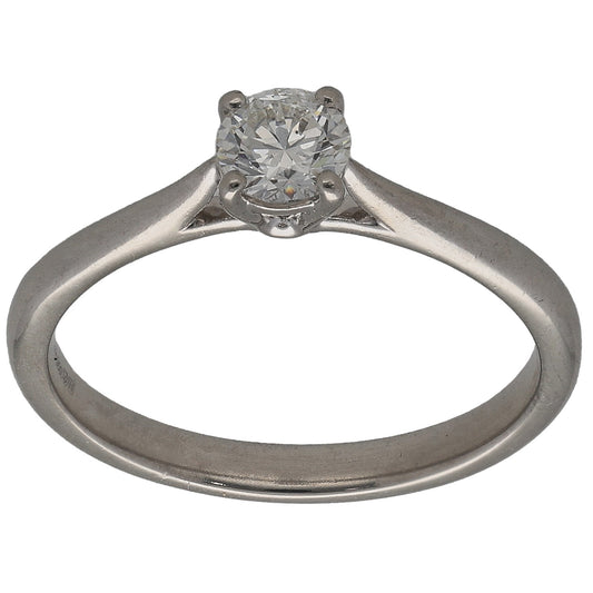 Platinum white gold solitaire ring with round diamond center stone, prong setting