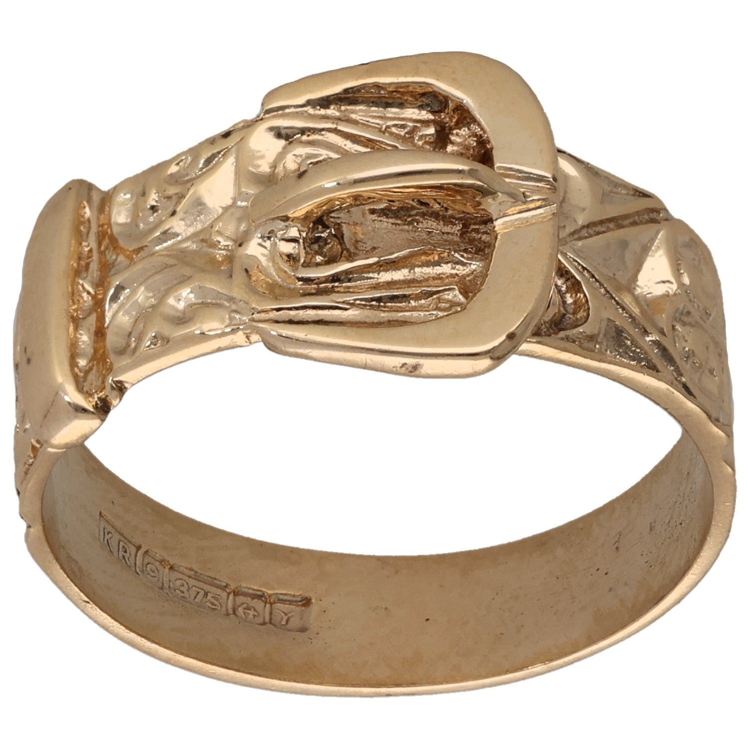 9ct gold buckle ring with raised knot-like motif and polished band, size U