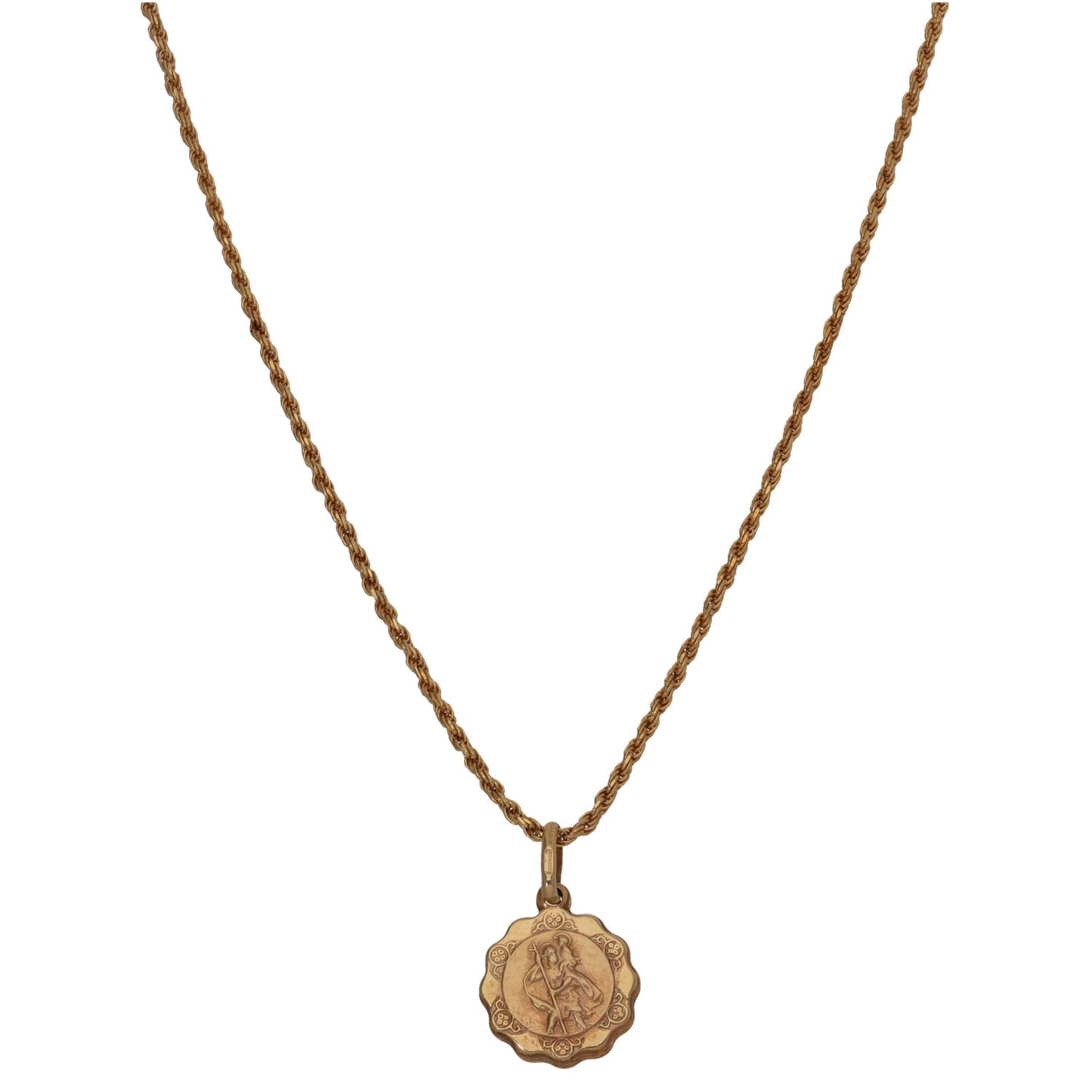 Round St Christopher medal pendant with bail on gold link chain