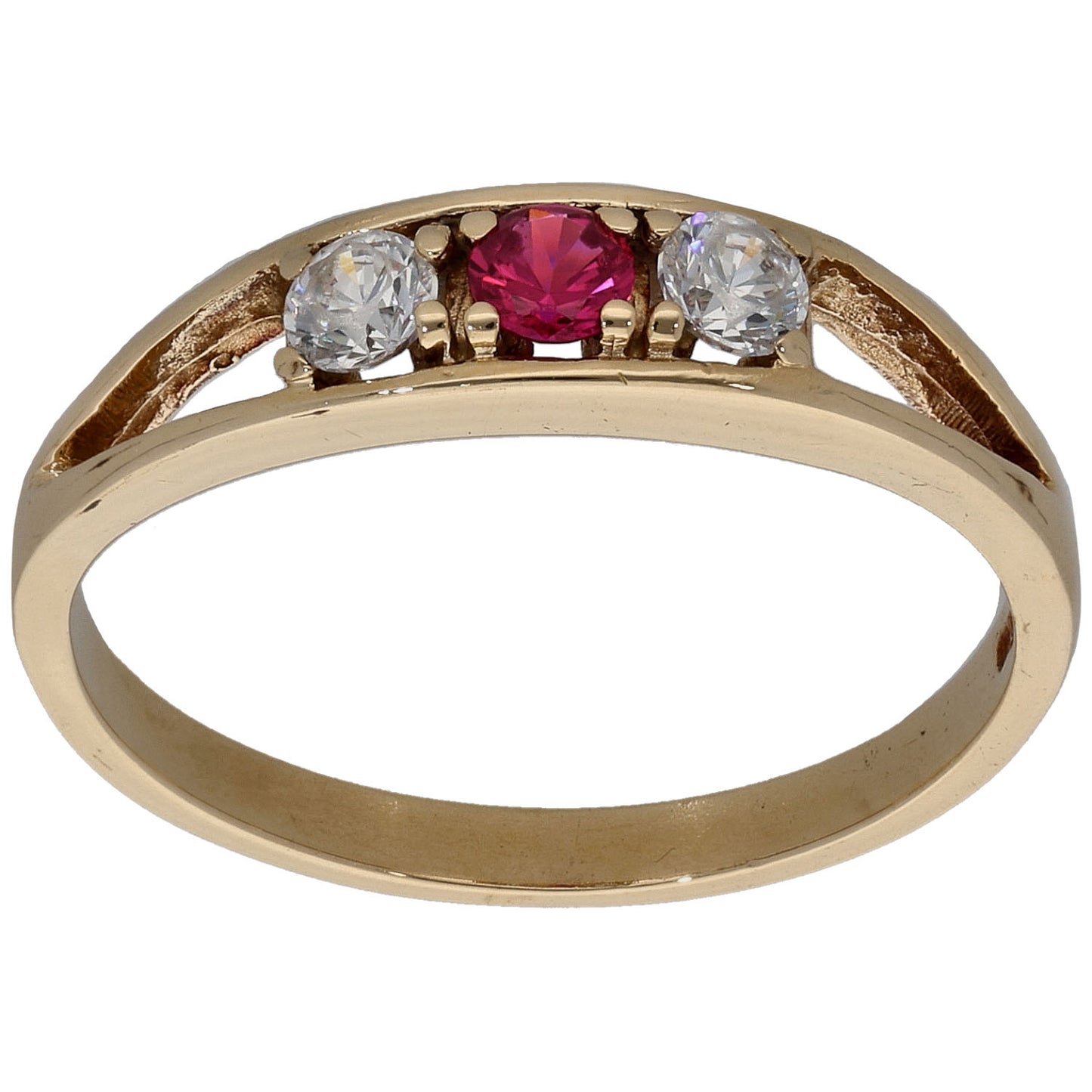 14ct Gold Man Made Ruby & Cubic Zirconia Three Stone Ring Size S