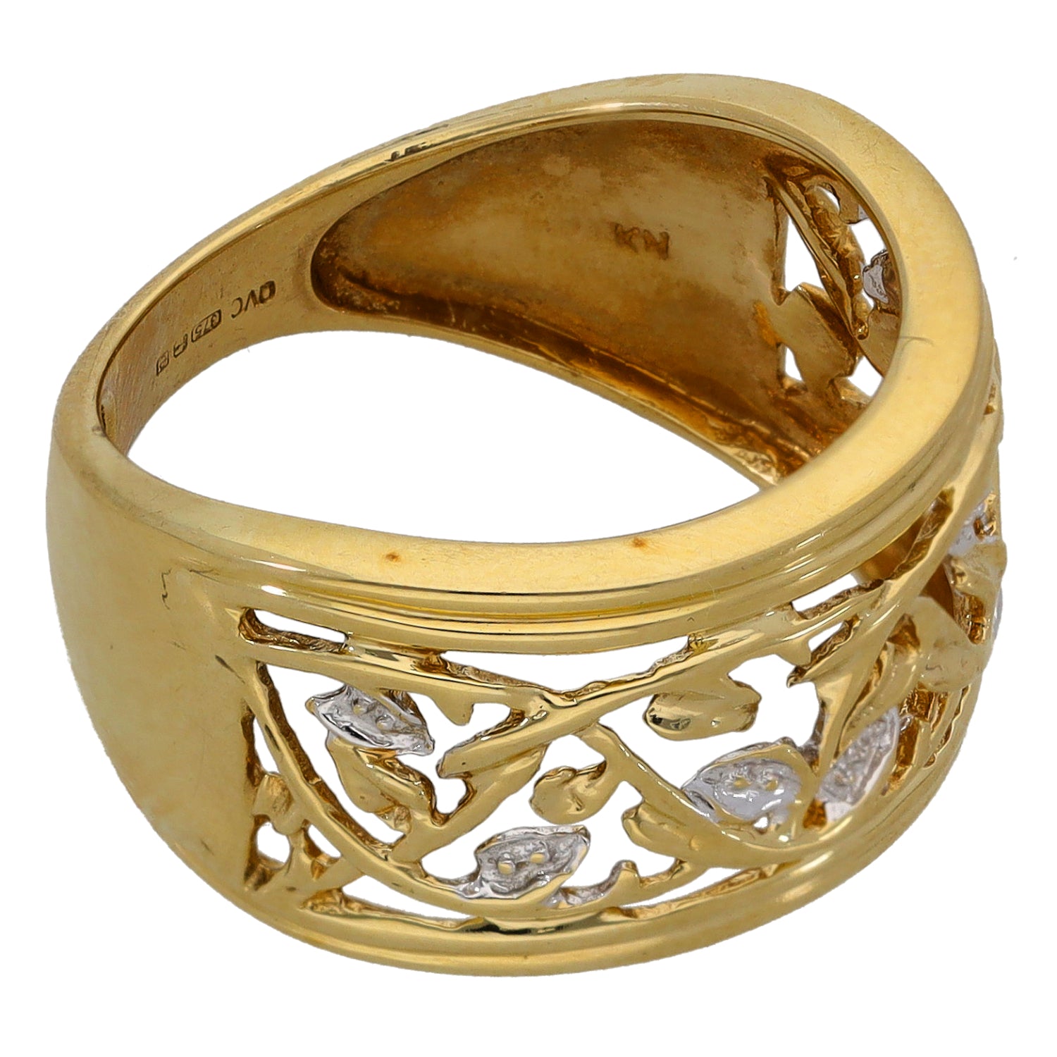 Bicolour gold-tone ring with openwork filigree and small crystal-like insets