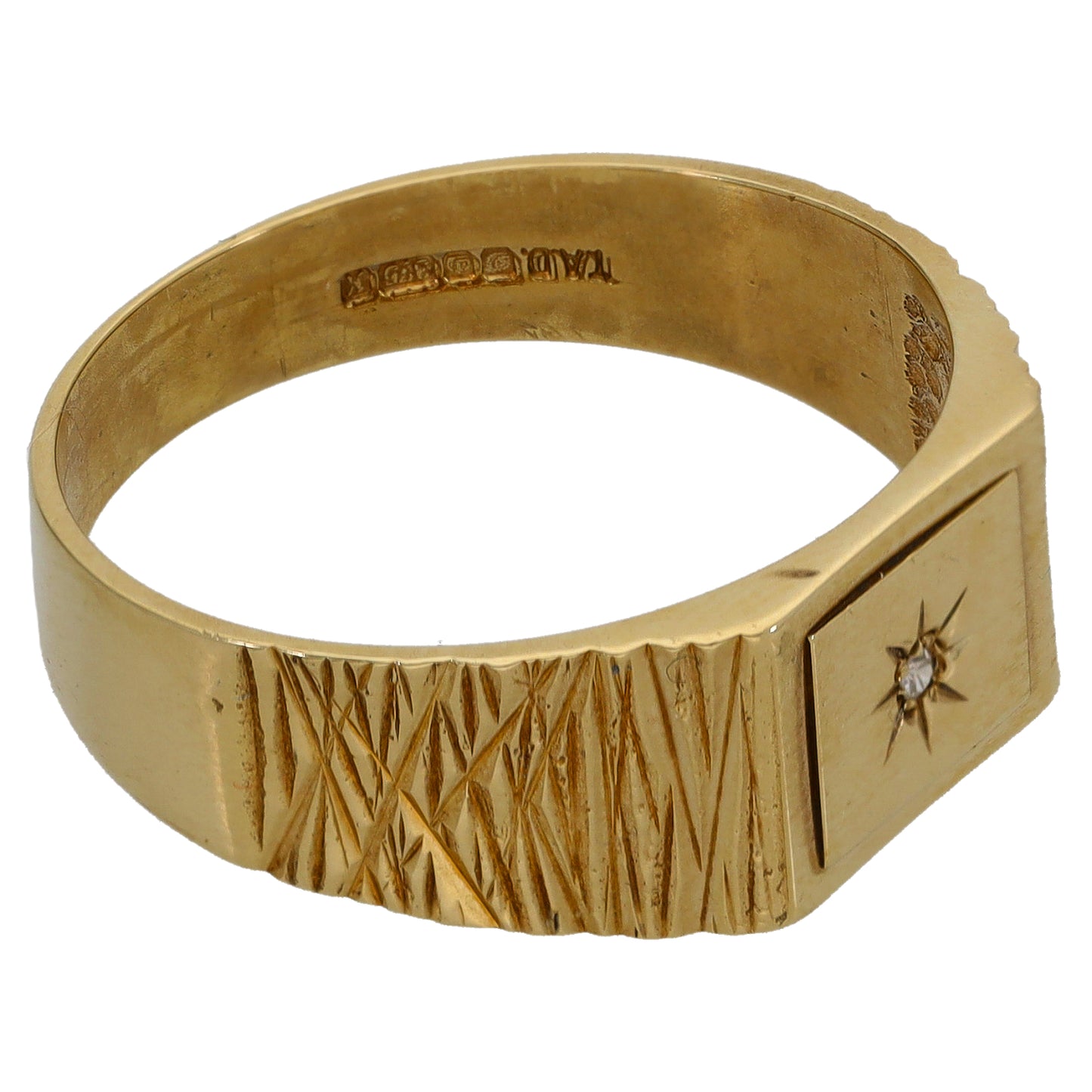9ct Gold 0.01ct Diamond Patterned Single Stone Signet Ring Size V
