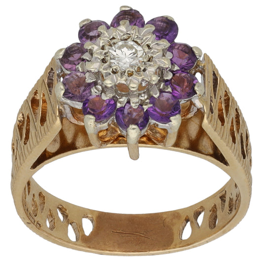 9ct Gold Amethyst & Cubic Zirconia Cluster Ring Size N