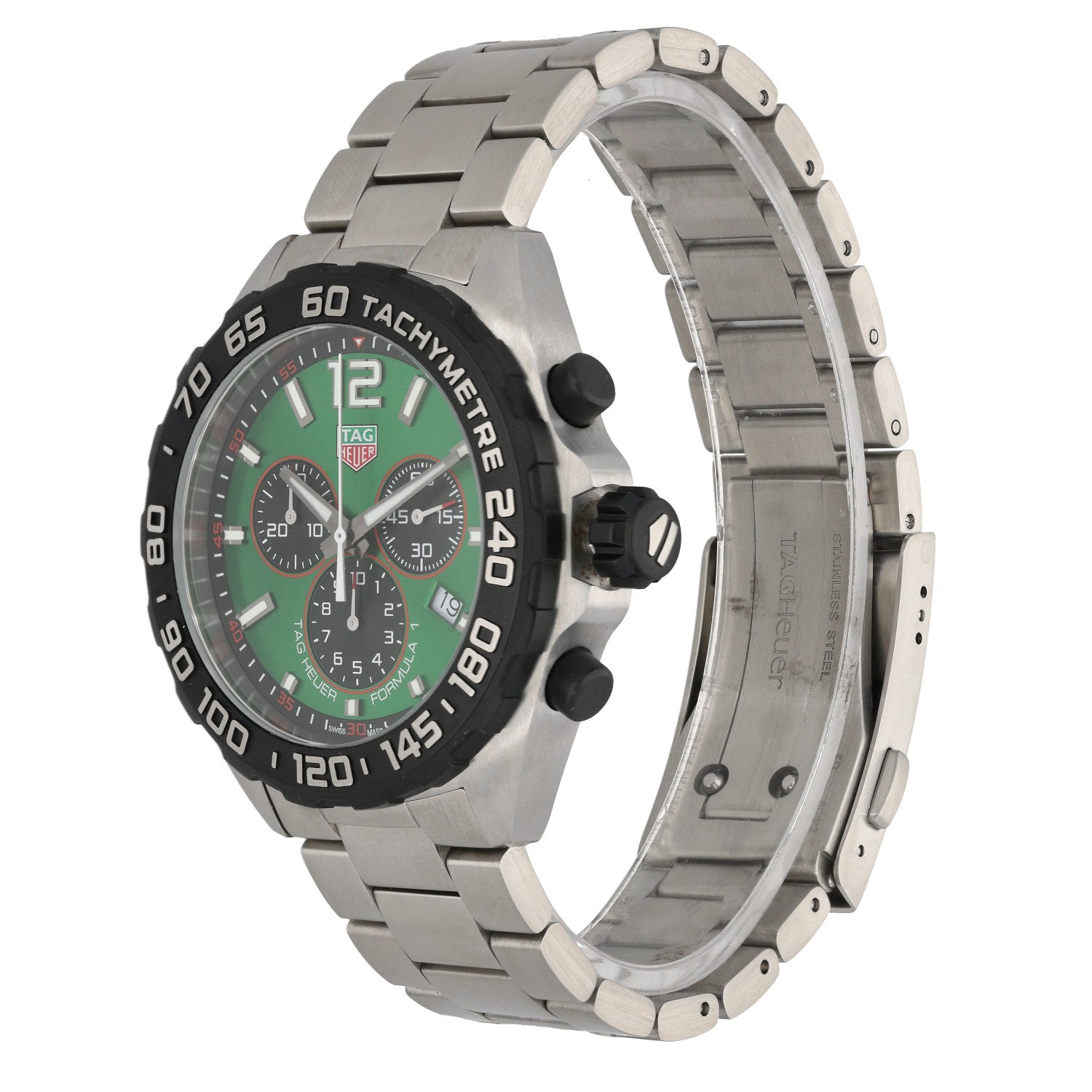 Tag Heuer Formula 1 CAZ101AP, green dial, stainless steel, three quarter front 