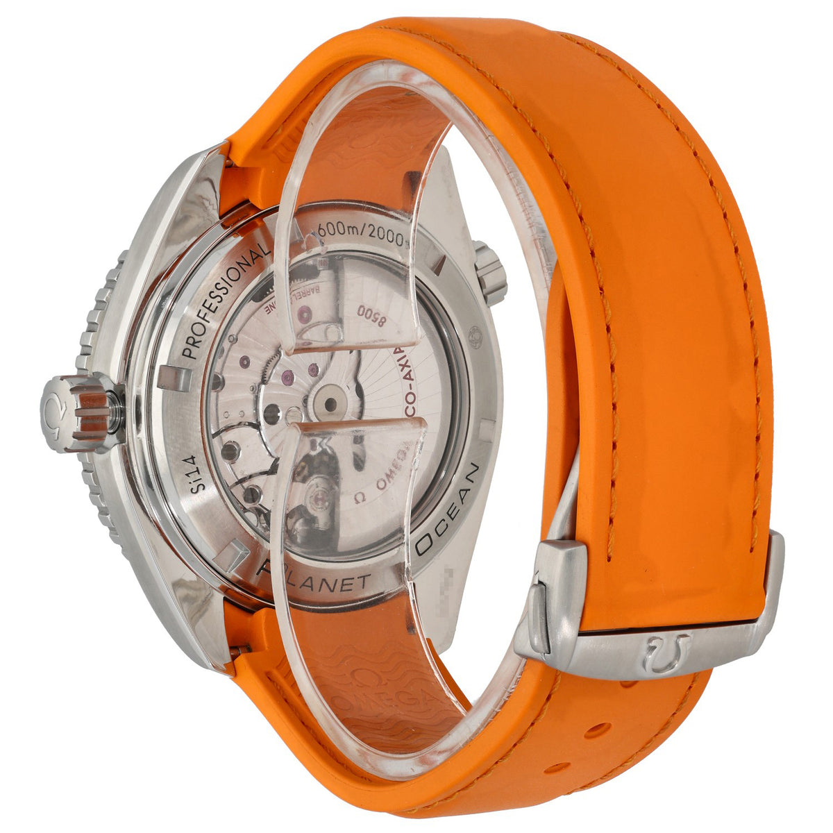 Omega Planet Ocean 232.32.46.21.01.001, open stainless steel case stainless steel case and orange rubber bracelet