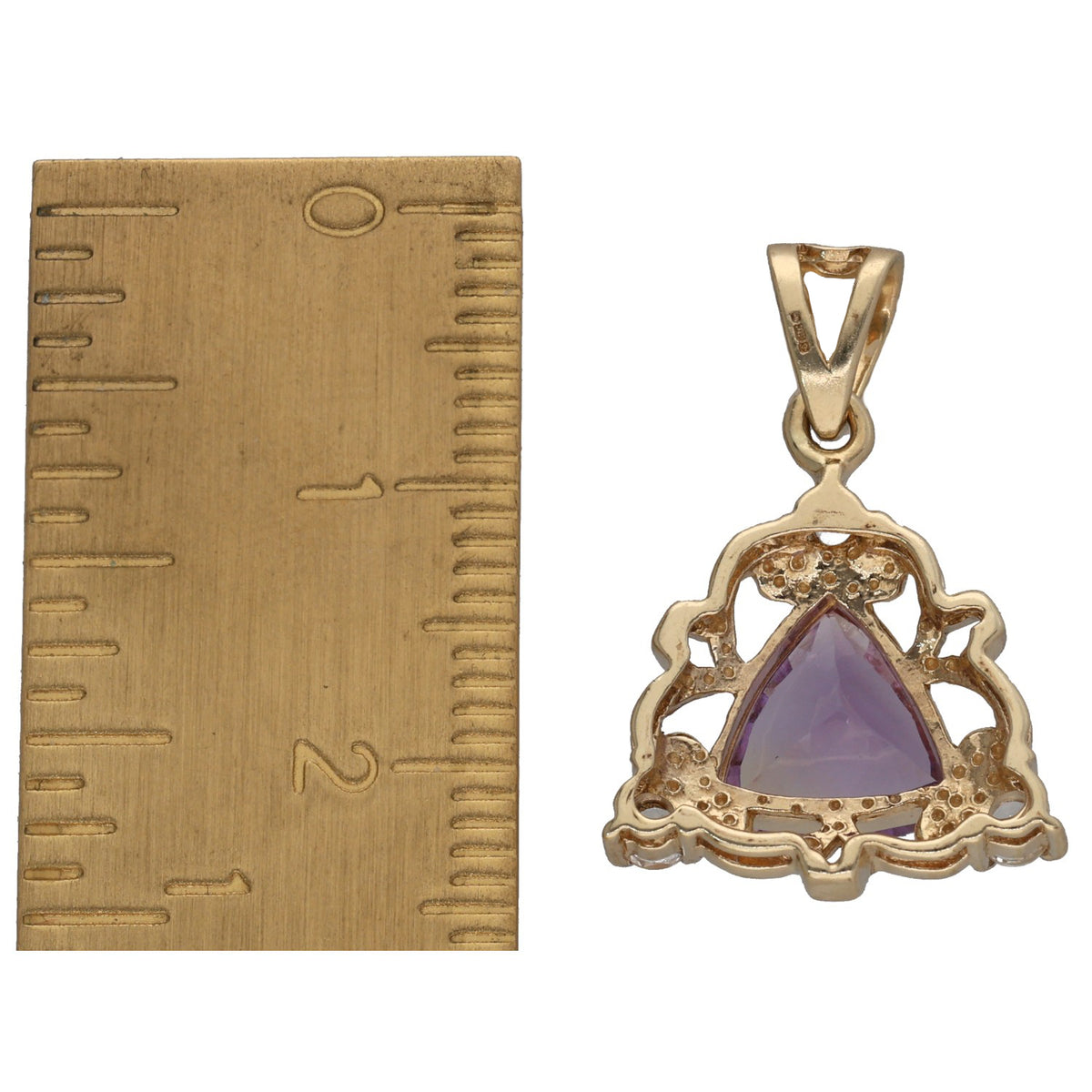 Gold-tone gemstone pendant with purple teardrop center and clear accents, top bail