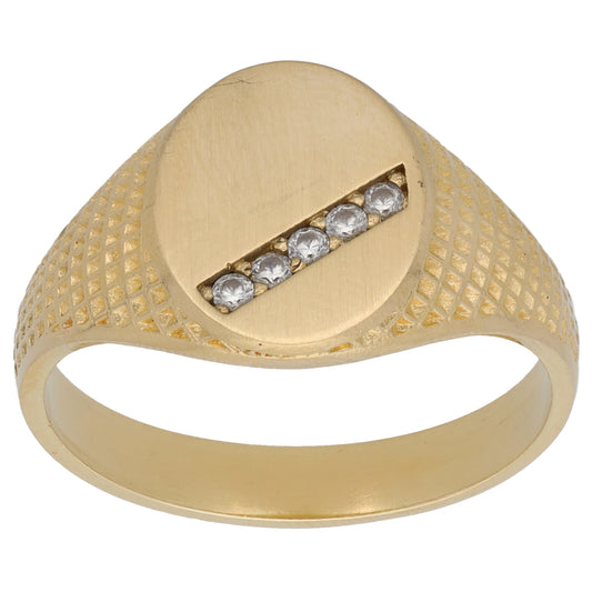 14ct Gold Cubic Zirconia Patterned Signet Ring Size X