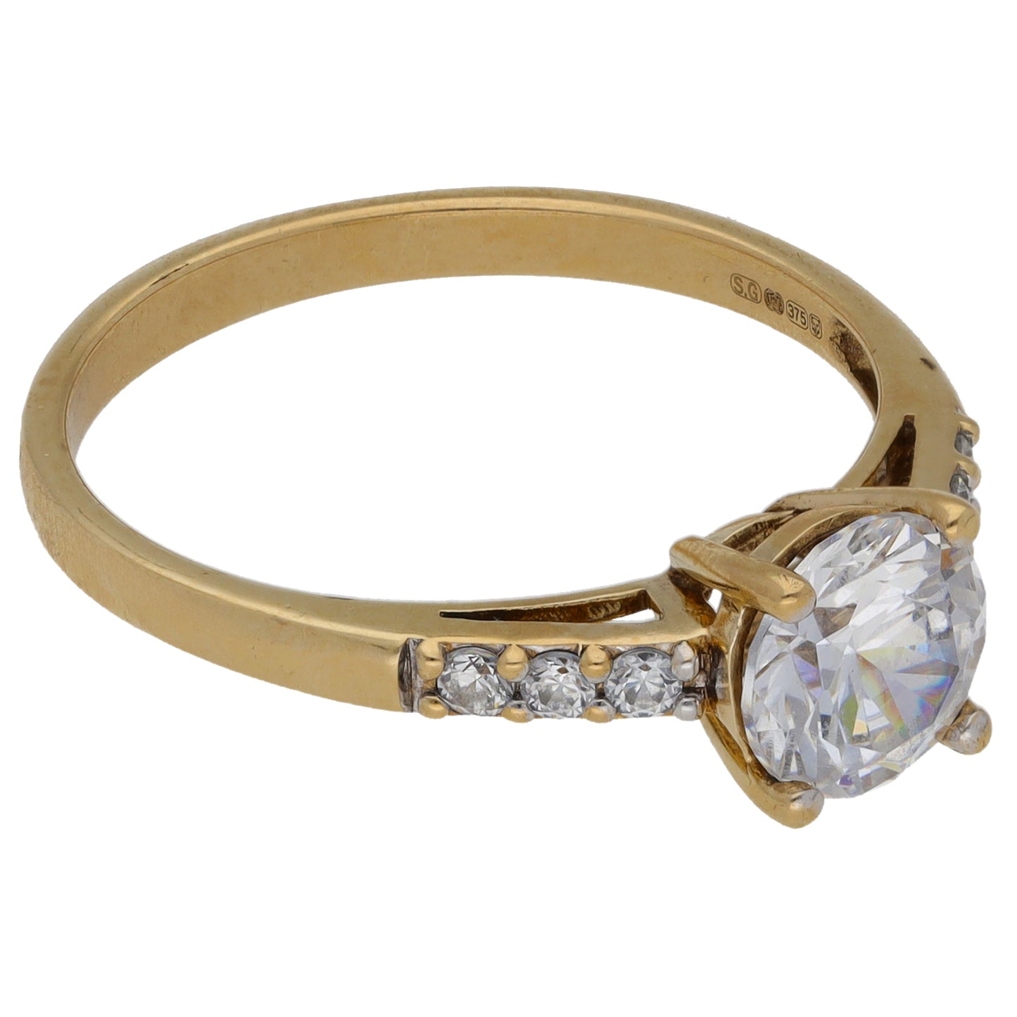 9ct Gold Cubic Zirconia Single Stone Ring with Accent Stones Size S