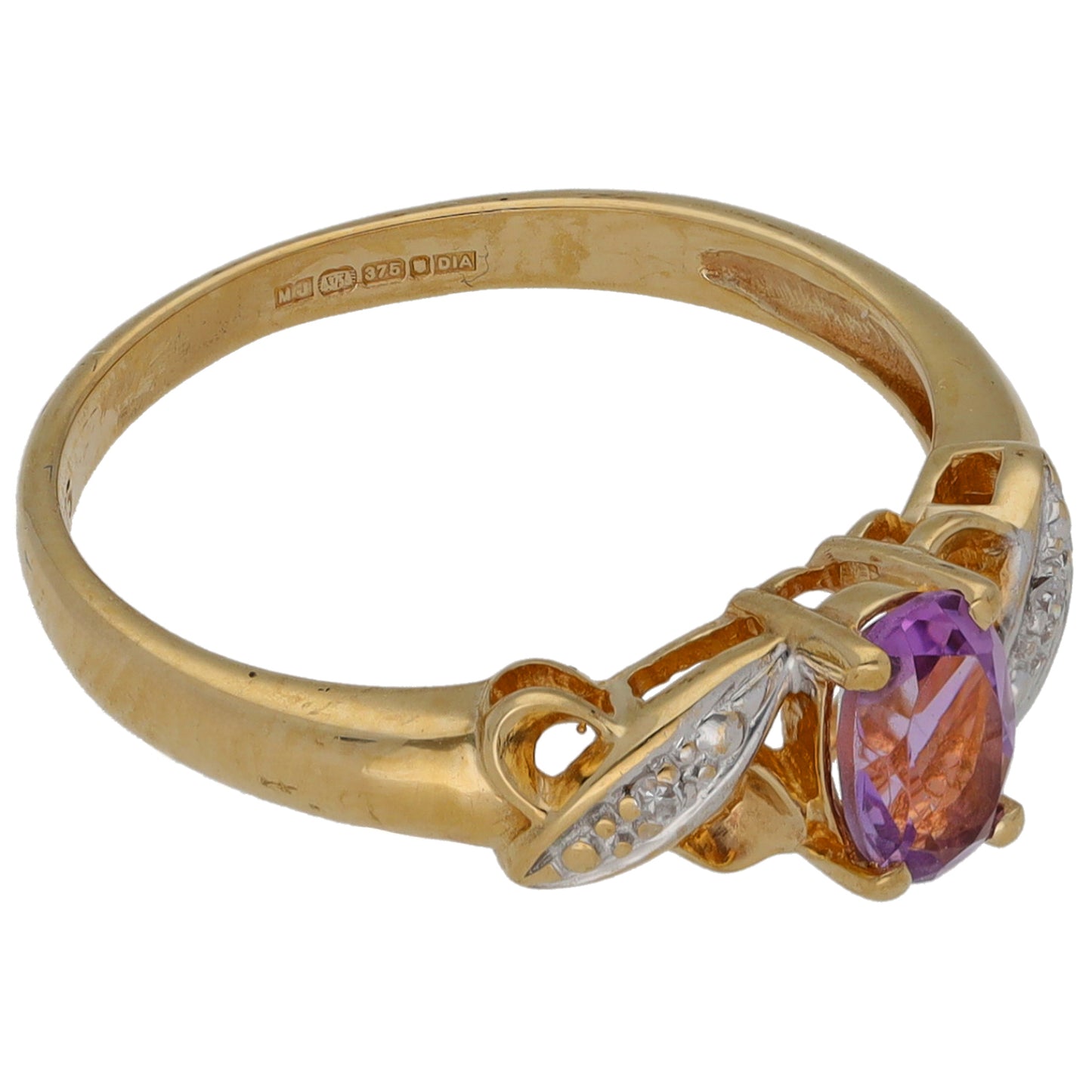 9ct Gold Amethyst & 0.01ct Diamond Single Stone Ring with Accent Stones Size M