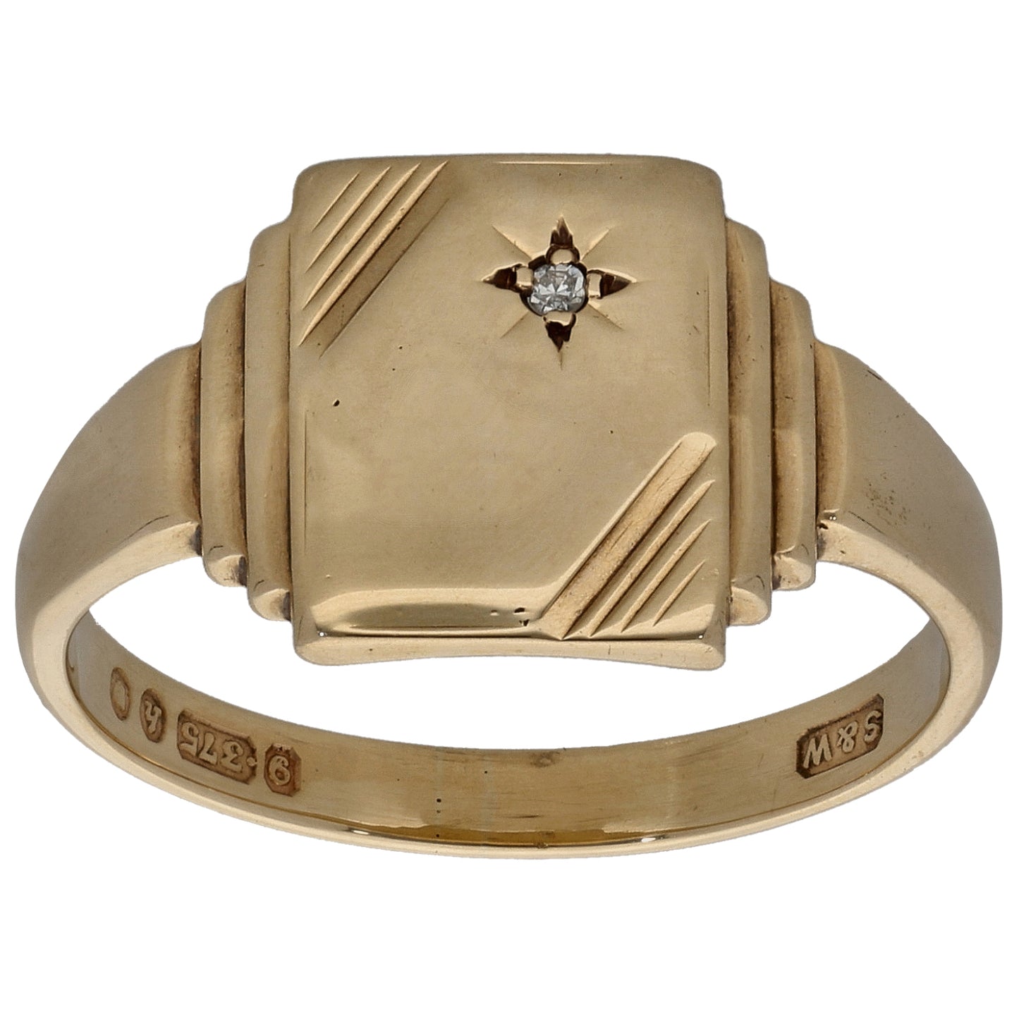 9ct Gold 0.005ct Diamond Patterned Single Stone Signet Ring Size U