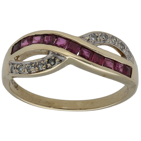 9ct gold half eternity ring with pink rubies and round diamond accents