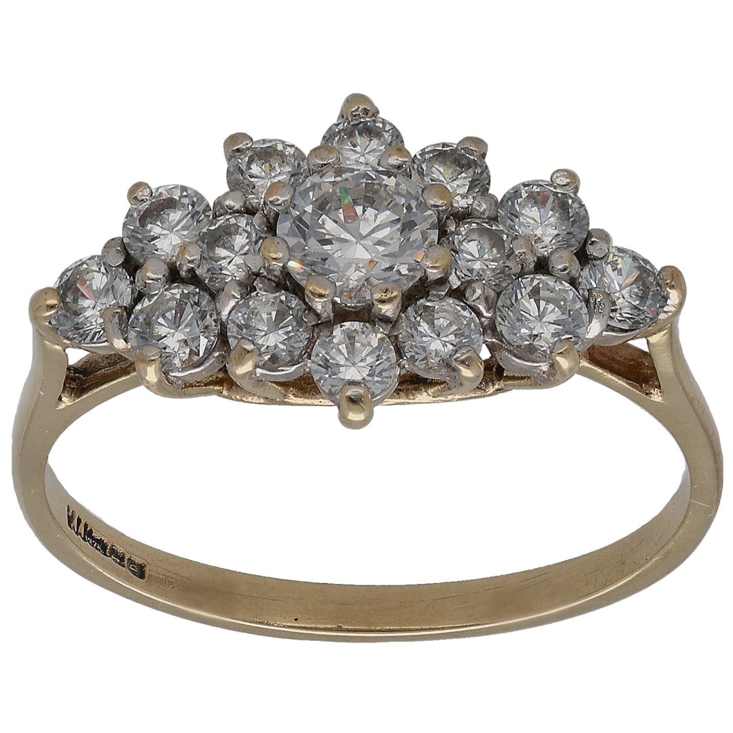 9ct gold cocktail ring with clustered clear CZ stones on top