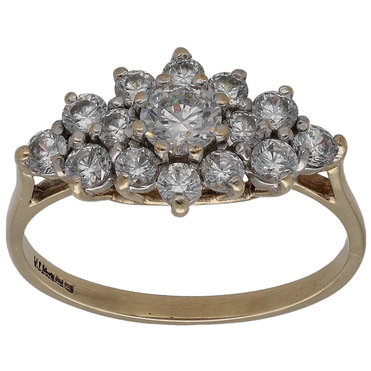9ct gold cocktail ring with clustered clear CZ stones on top