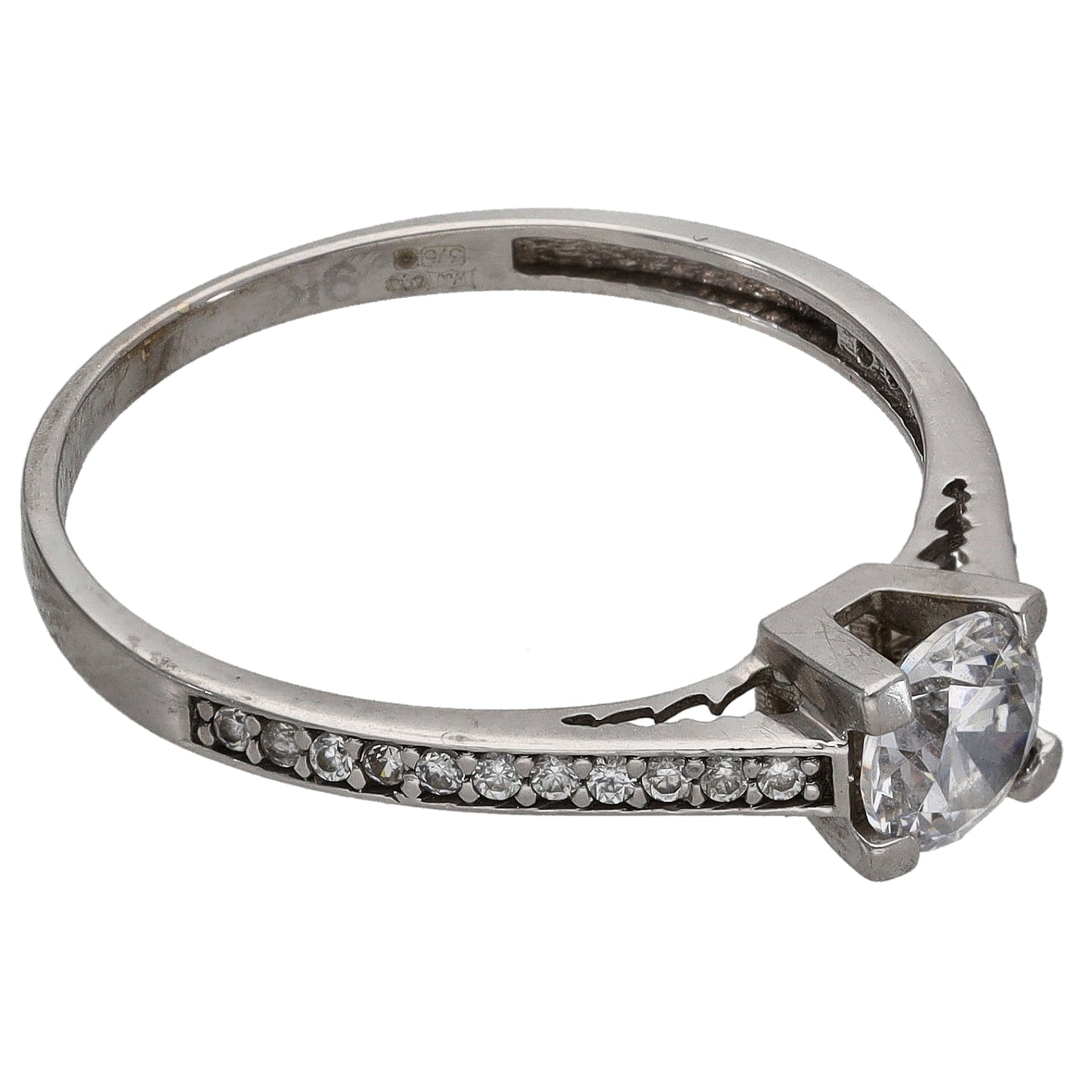 9ct White Gold Cubic Zirconia Single Stone Ring With Accents Size S