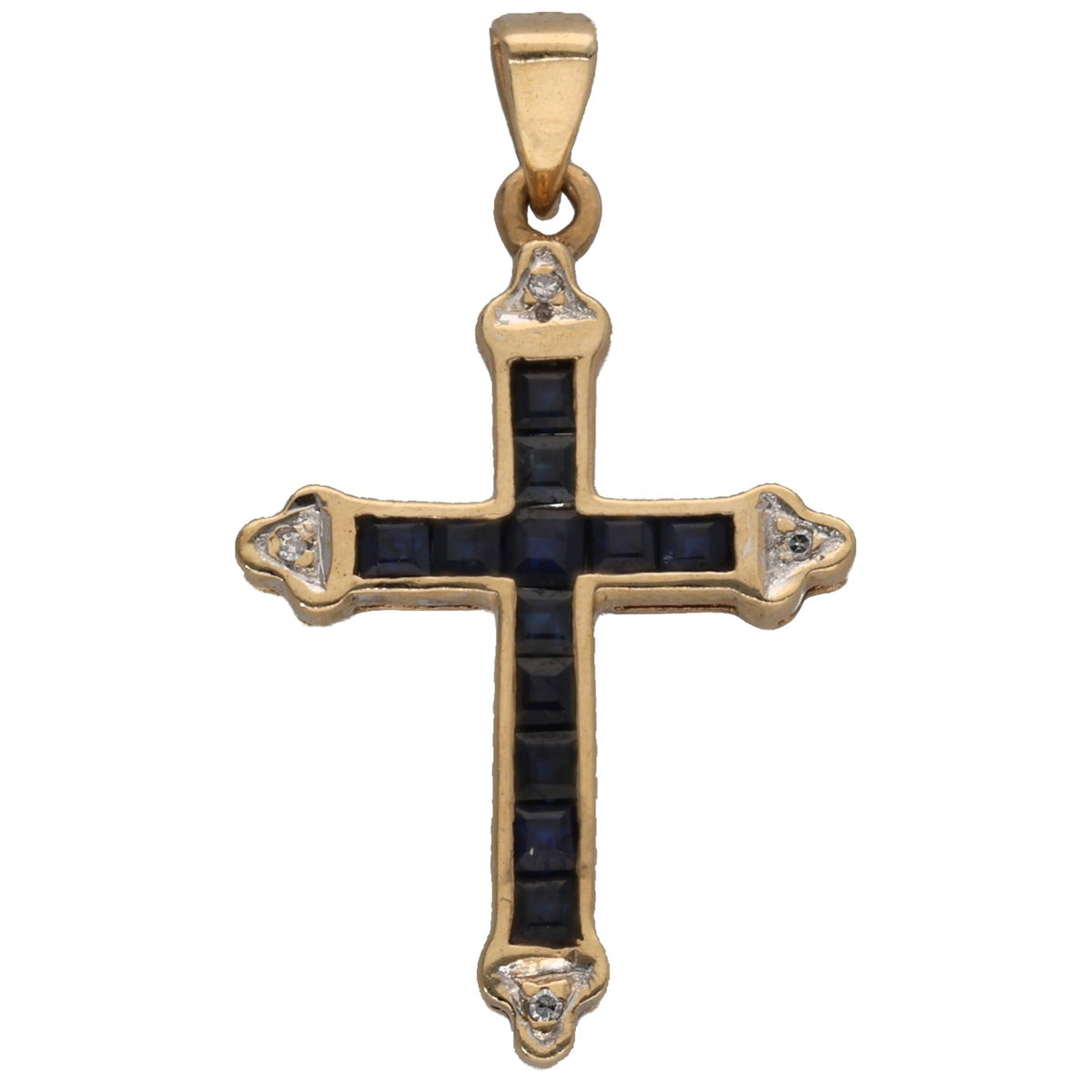 9ct gold sapphire and diamond cross pendant with bail, dark blue inset squares