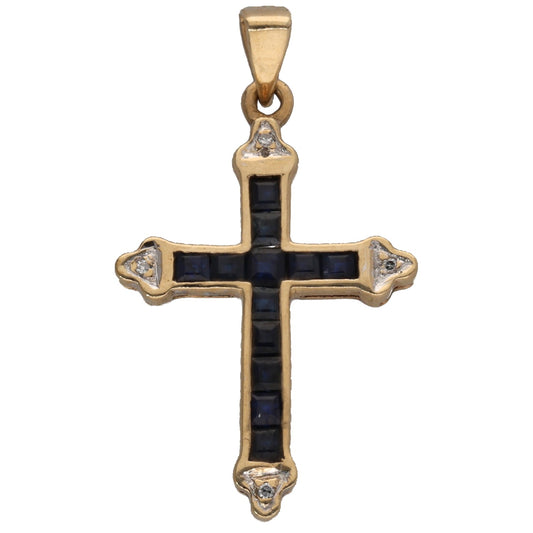9ct gold sapphire and diamond cross pendant with bail, dark blue inset squares