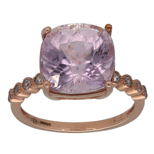 9ct Gold Kunzite & Imitation Single Stone Ring with Accent Stones Size N