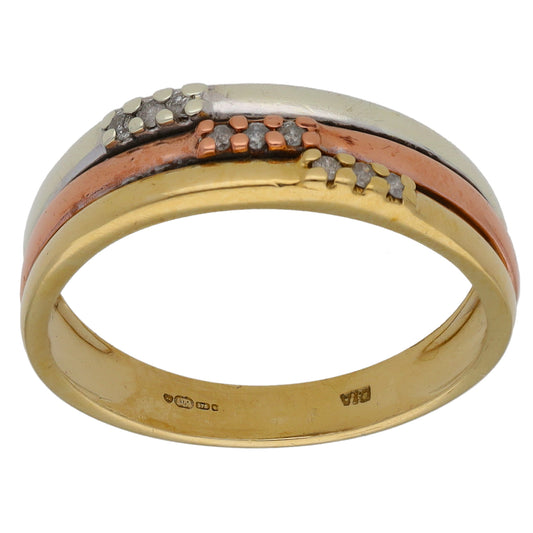 9ct Tricolour Gold 0.09ct Diamond Alternative Ring Size Q