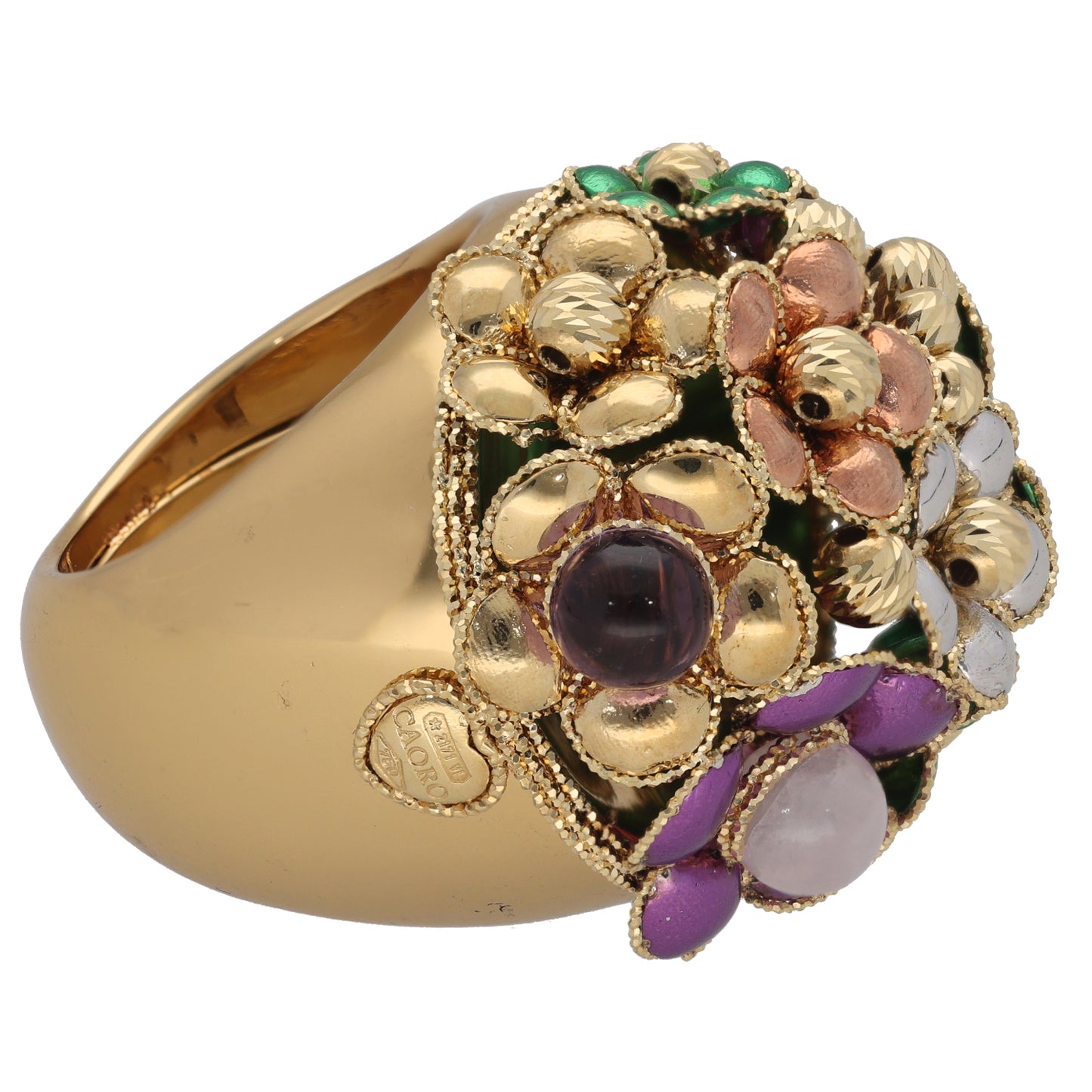 18ct Gold Amethyst, Rose Quartz & Green Quartz Dress/Cocktail Ring Size S