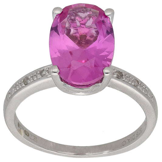 9ct White Gold Man Made Sapphire & 0.03ct Diamond Single Stone Ring with Accent Stones Size L