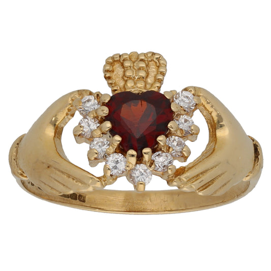 9ct Gold Garnet & Cubic Zirconia Claddagh Ring Size M