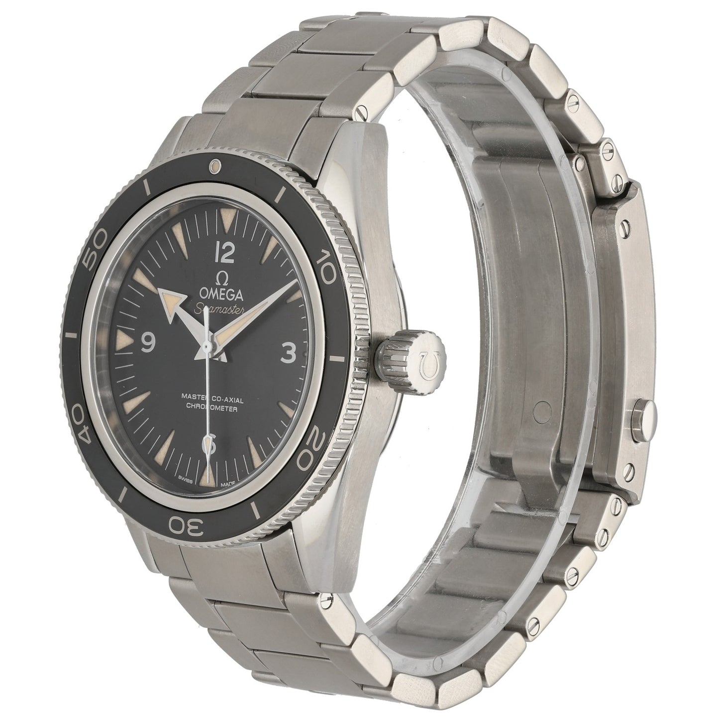 Omega Seamaster 233.30.41.21.01.001 Stainless steel watch on dark dial with sporty black bezel, side crown detail