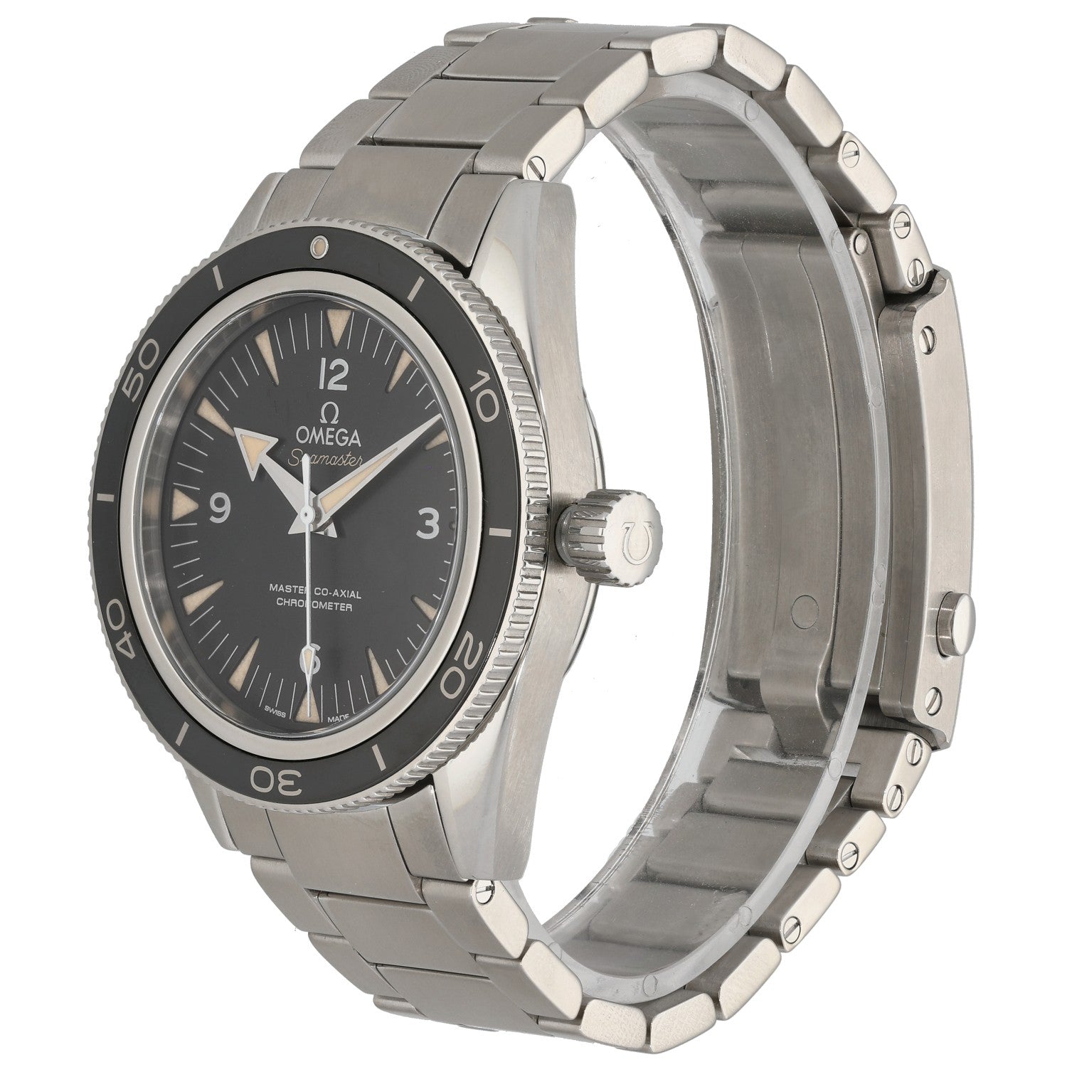 Omega Seamaster 233.30.41.21.01.001 Stainless steel watch on dark dial with sporty black bezel, side crown detail