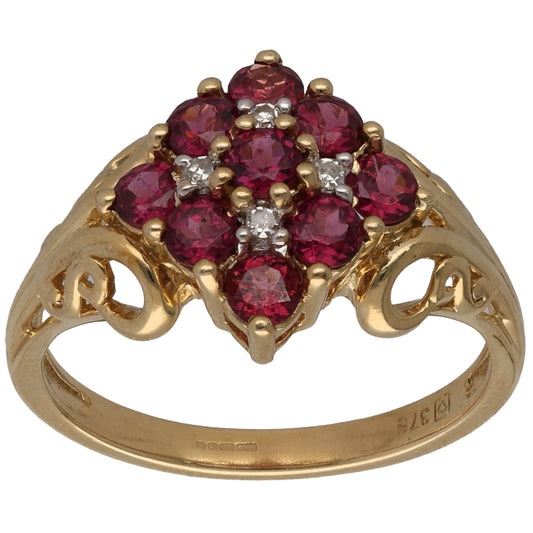 9ct Gold Garnet & 0.04ct Diamond Dress/Cocktail Ring Size Q