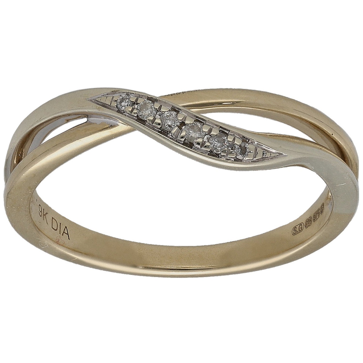 9ct gold dress ring with white channel setting and small round diamonds, size L