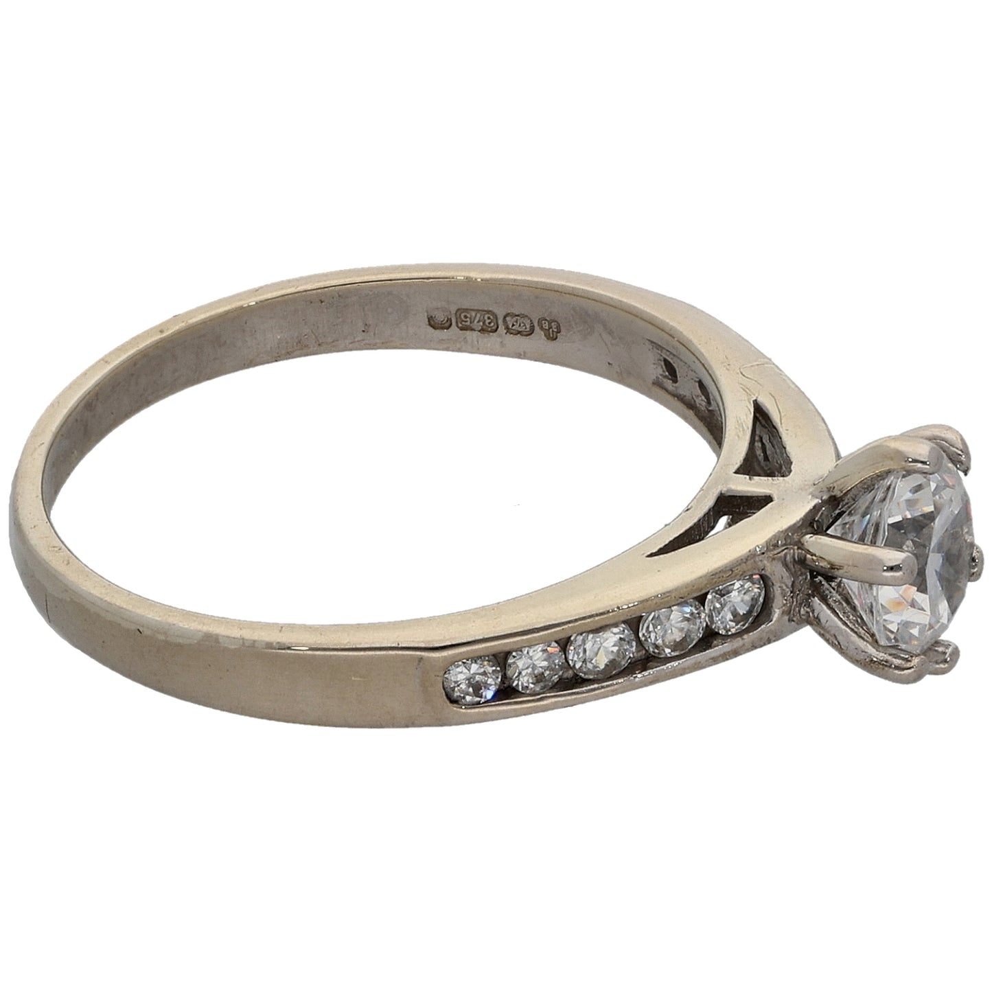 9ct White Gold Cubic Zirconia Single Stone Ring with Accent Stones Size N