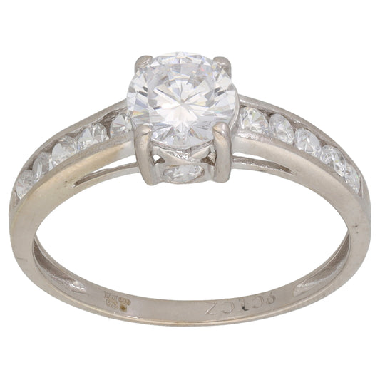 9ct White Gold Cubic Zirconia Single Stone Ring with Accent Stones Size O