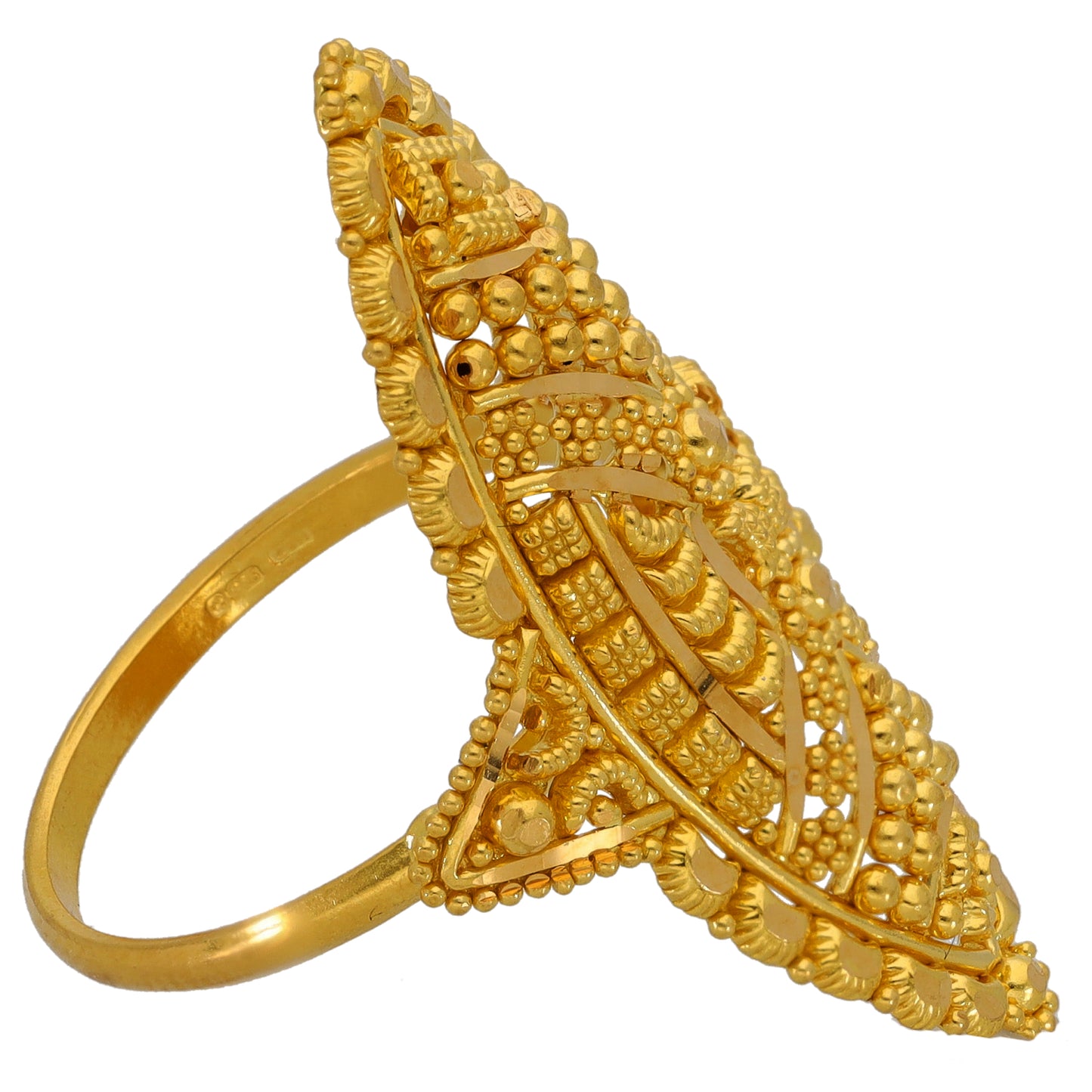 Gold-toned openwork ring with intricate side profile and beaded band