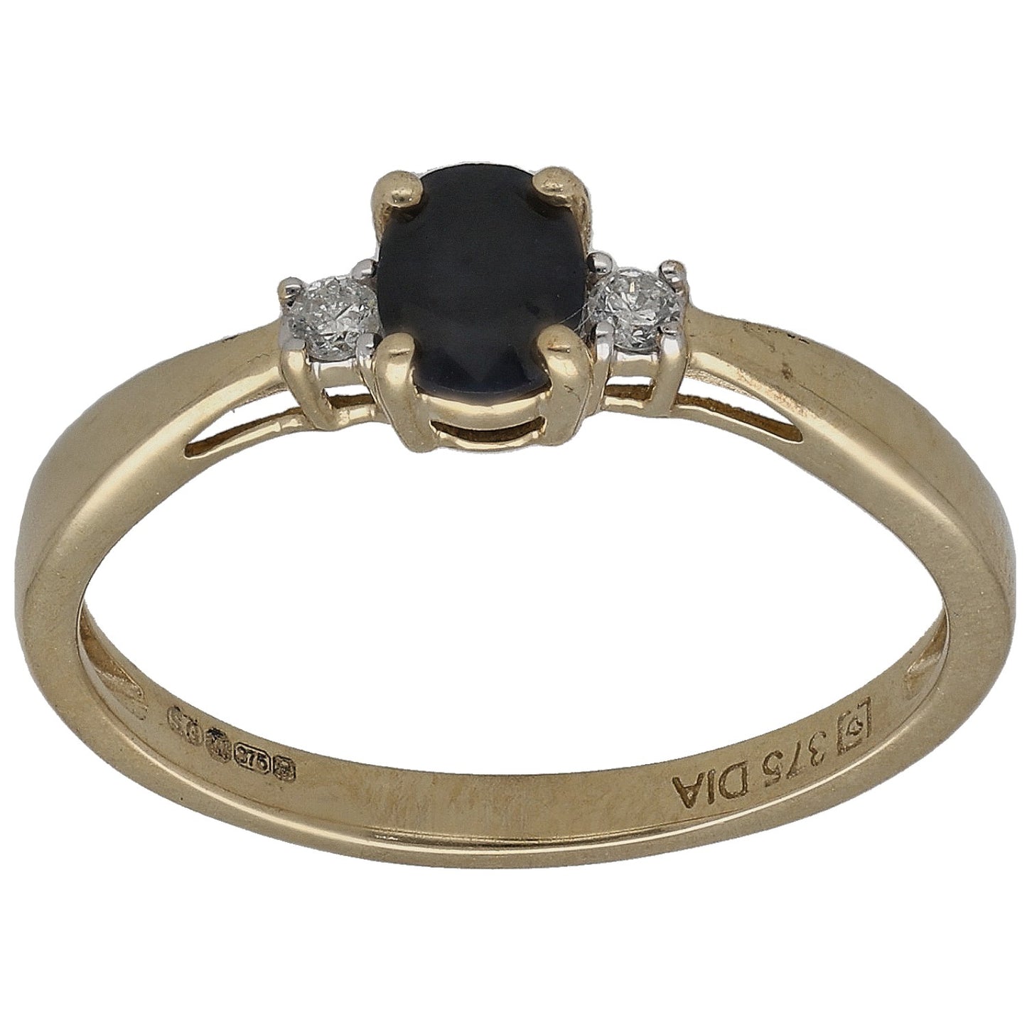 9ct gold three-stone ring with round dark sapphire center and two round diamonds