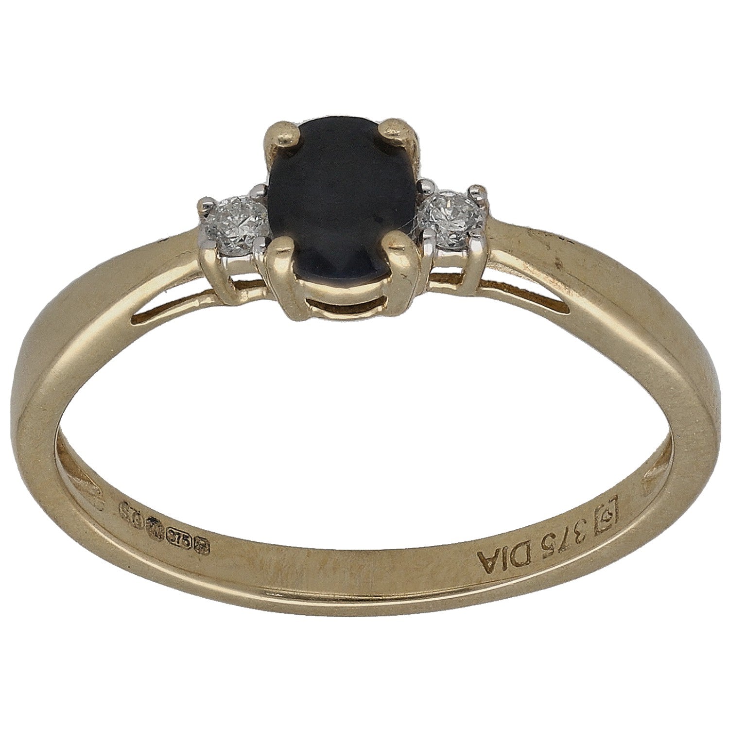 9ct gold three-stone ring with round dark sapphire center and two round diamonds