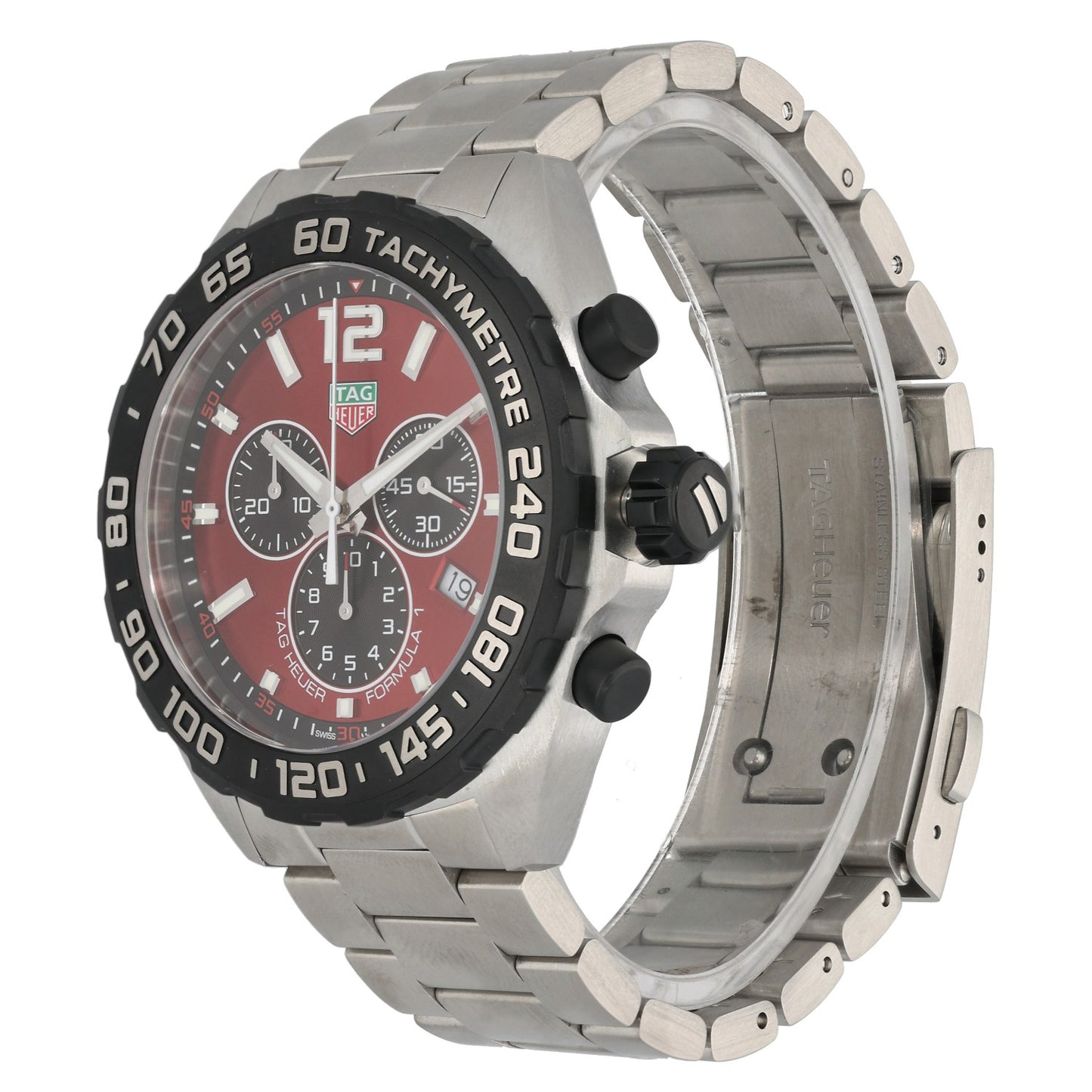 Tag Heuer Formula 1 CAZ101AN stainless steel watch with red chronograph dial and subdials, link bracelet