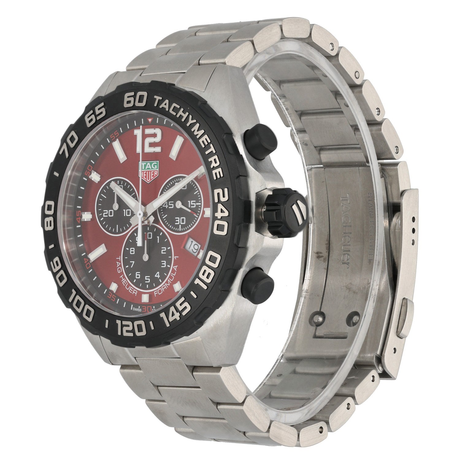 Tag Heuer Formula 1 CAZ101AN stainless steel watch with red chronograph dial and subdials, link bracelet