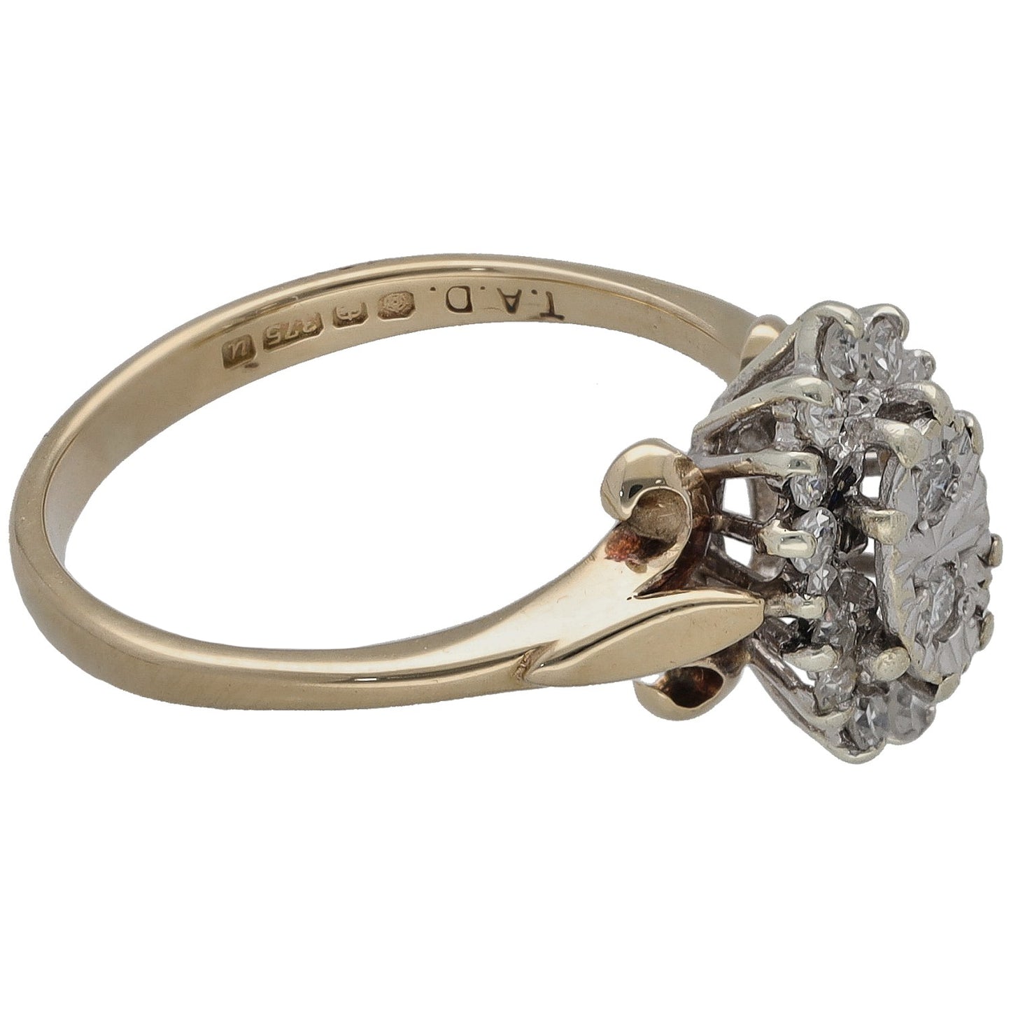 9ct yellow gold ring with round diamond cluster, side profile, split shank prongs