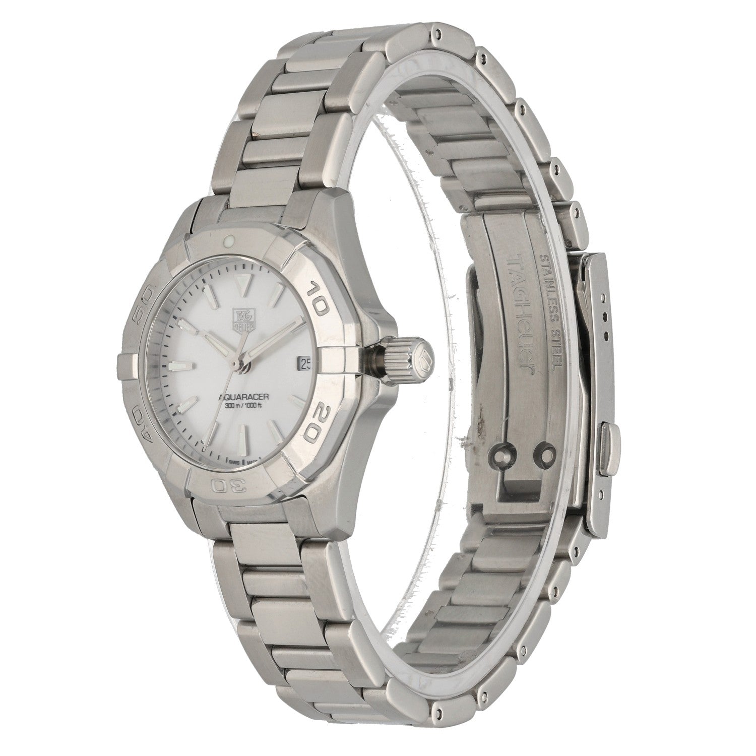Tag Heuer Aquaracer WAY1412, mother of pearl dial, silver baton hour markers, front three quarter angle