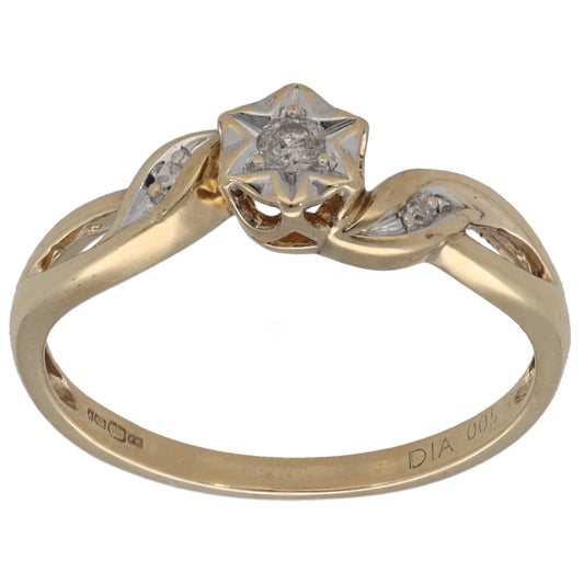 9ct Gold 0.05ct Diamond Solitaire Ring With Accent Stones Size L
