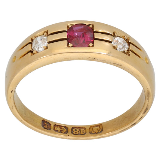 18ct Gold Ruby & 0.14ct Diamond Trilogy Ring Antique & Vintage Size L