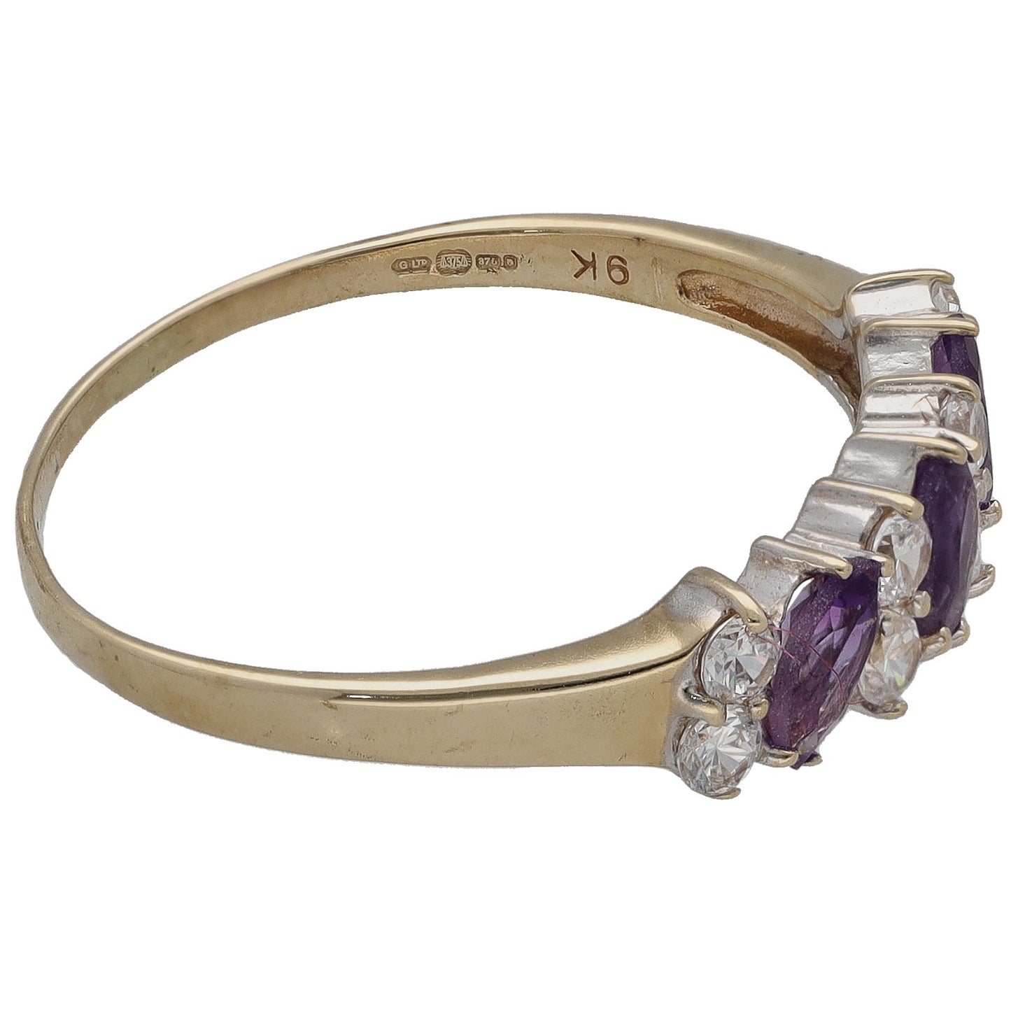 9ct gold ring with inner hallmark and amethyst framed by cubic zirconia
