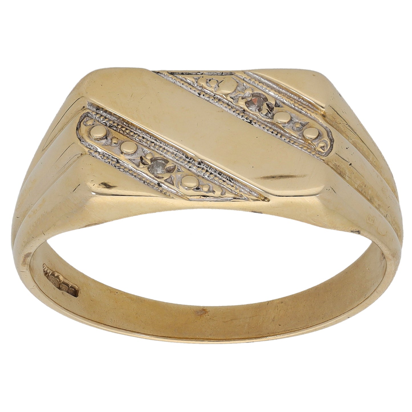 9ct Gold 0.01ct Diamond Patterned Signet Ring Size V