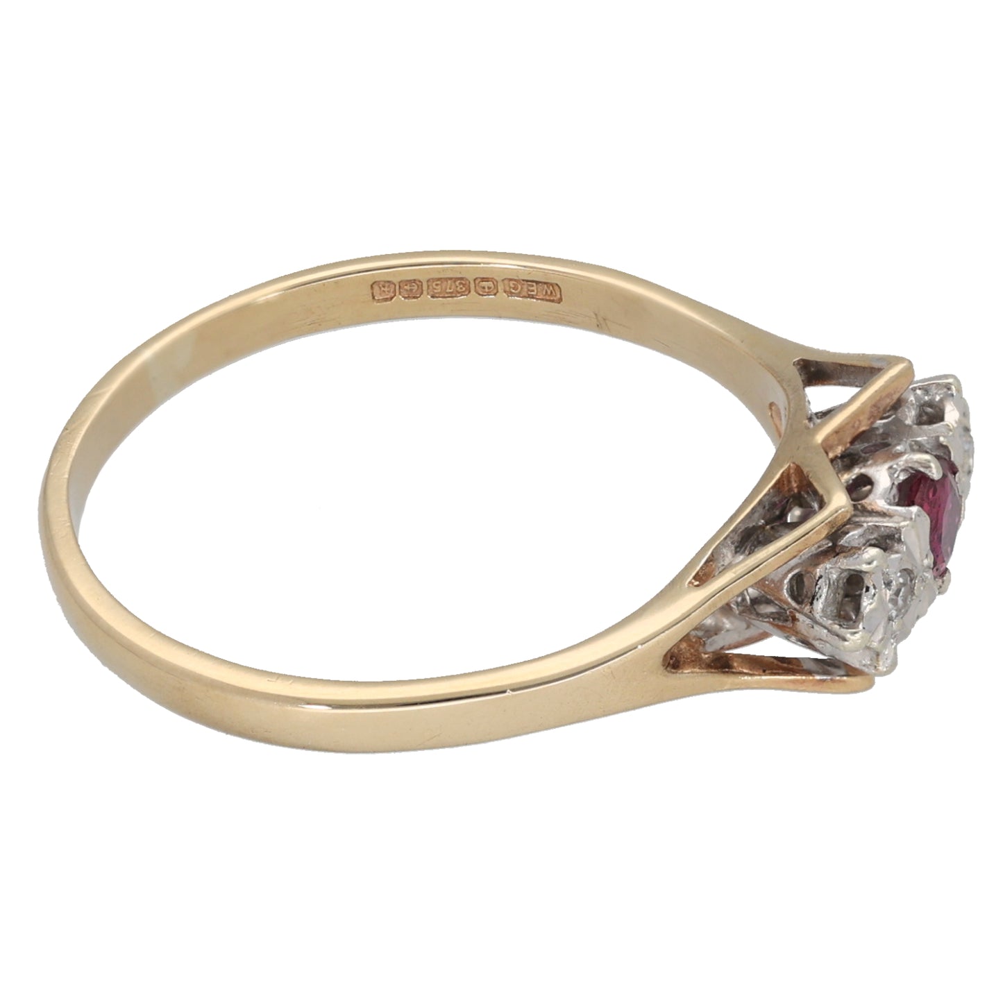 9ct Gold Ruby & 0.02ct Diamond Trilogy Ring Size T