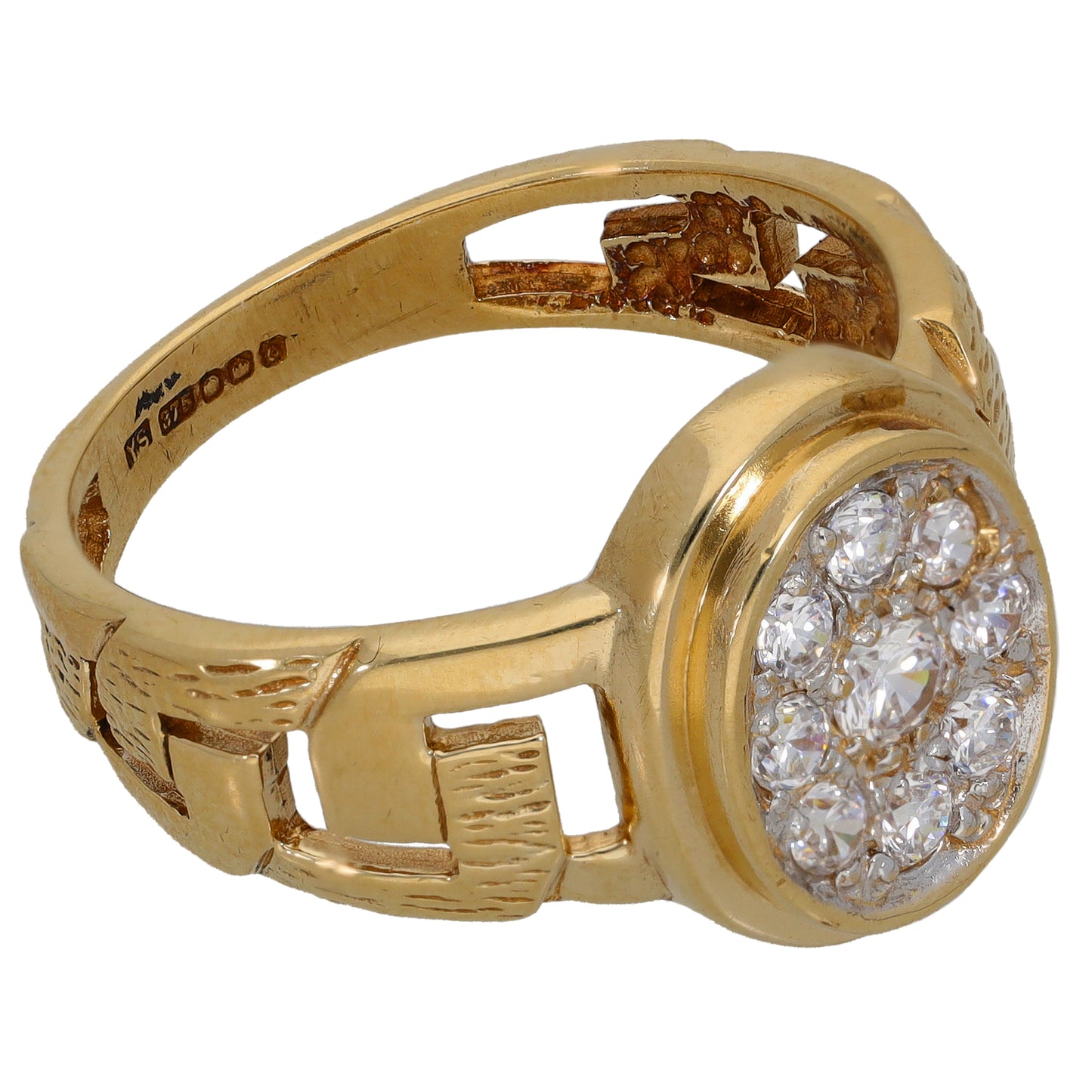 Gold signet ring with side round CZ cluster and carved geometric cutouts on band