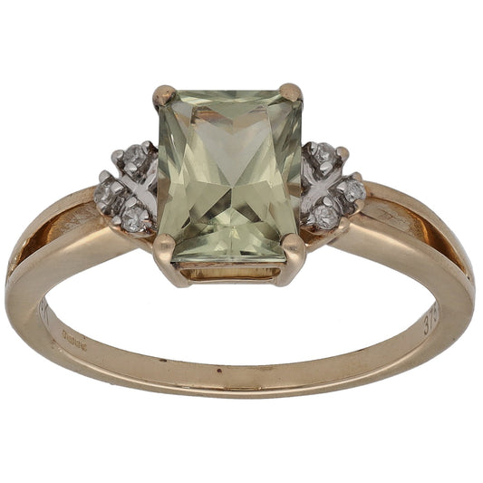 9ct gold ring with square light green center stone and small diamond accents